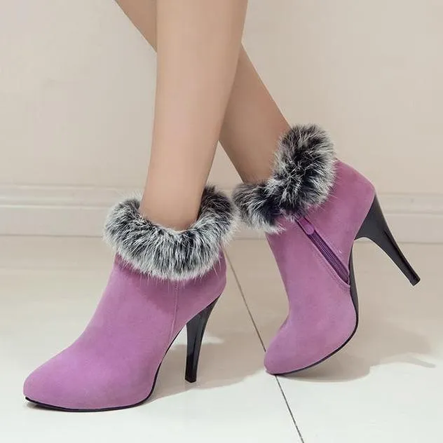 Women winter stiletto high heel pointed toe faux fur ankle boots