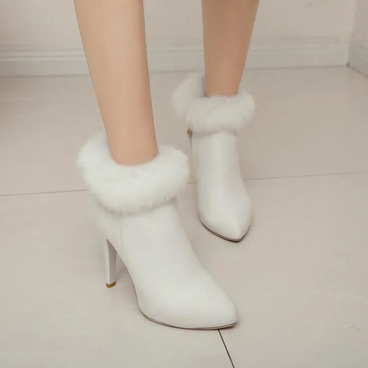 Women winter stiletto high heel pointed toe faux fur ankle boots