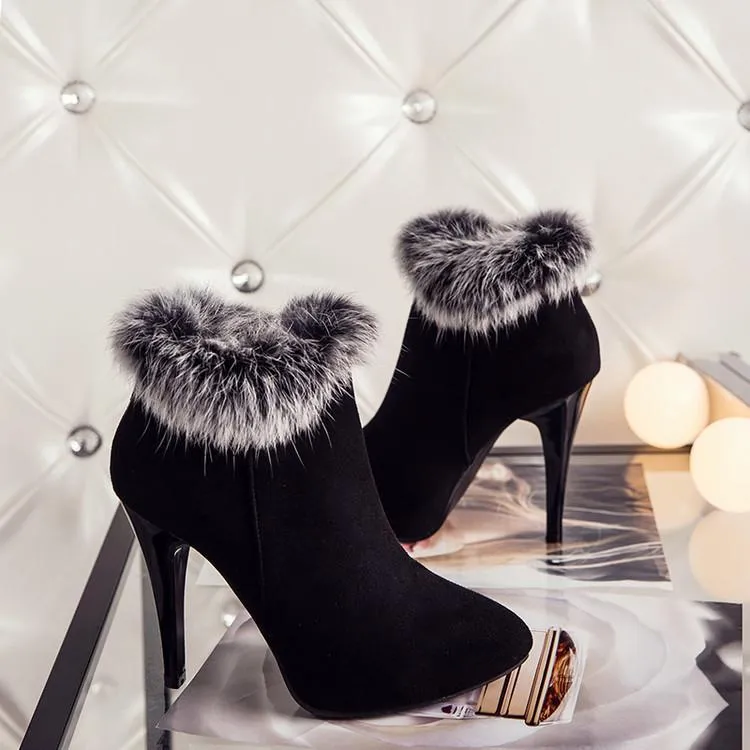 Women winter stiletto high heel pointed toe faux fur ankle boots