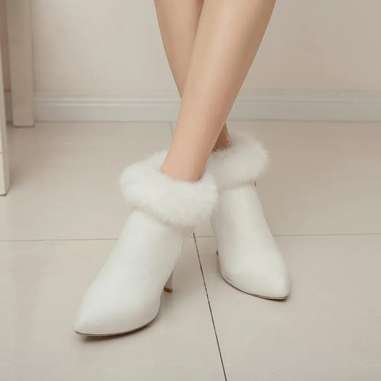 Women winter stiletto high heel pointed toe faux fur ankle boots