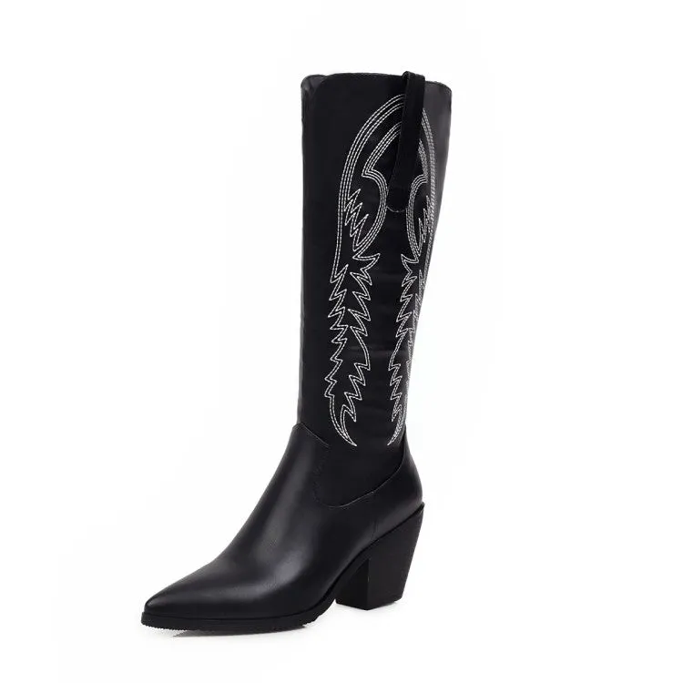 Women's Pointed Toe Side Zippers Embroidery Flowers Beveled Heel Knee-High Boots