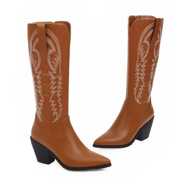 Women's Pointed Toe Side Zippers Embroidery Flowers Beveled Heel Knee-High Boots