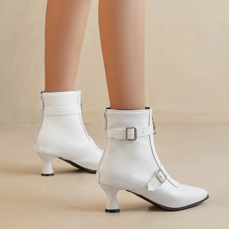 Women's Pointed Toe Zippers Buckle Straps Kitten Heel Short Boots