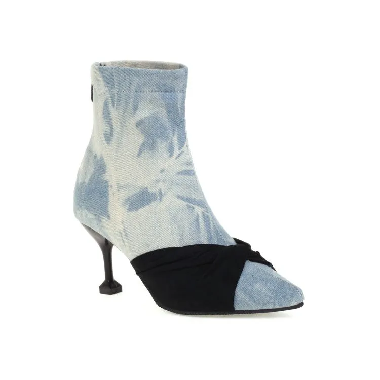 Women's Tie Dye Print Pointed Toe Back Zippers Stiletto Heel Short Boots